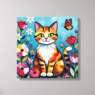 Impressão Em Tela Gato Impasto, Flores & Borboleta
