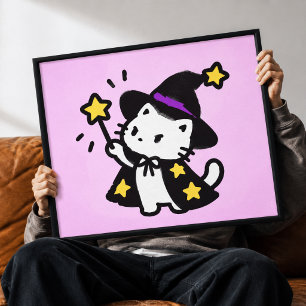 Impressão Em Tela Gato Kawaii de Magia Feiticeiro Arte em Tela na Pa