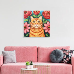 Impressão Em Tela Gato Laranja Arte Folclórica Flores