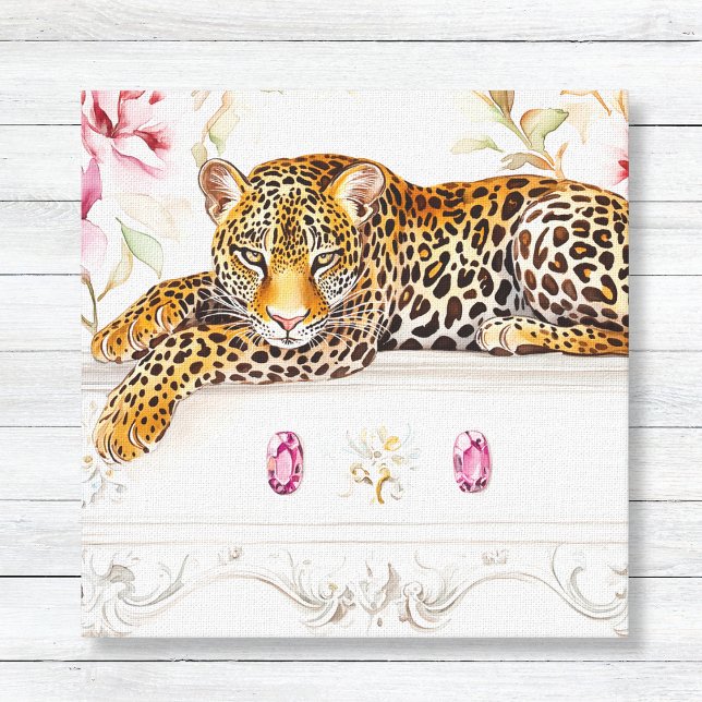 Impressão Em Tela Gato Leopardo Solto (Lounging Leopard Cat on White Dresser with Roses Canvas Print for Bathroom or Girls room Decor)