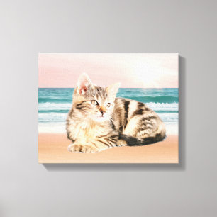 Impressão Em Tela Gato Listrado Sentado na Praia Pôr do Sol Pintura 