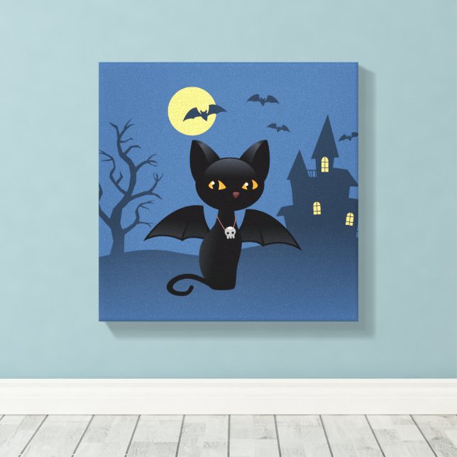 Impressão Em Tela Gato Negro Vampiro do Halloween com Asas (Insitu(piso de madeira))