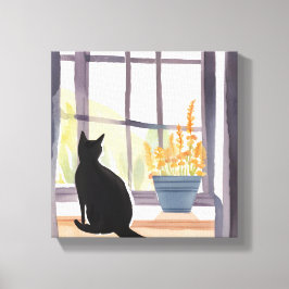 Impressão Em Tela Gato no parapeito da janela | Silhueta Aquarela