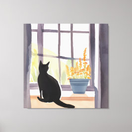 Impressão Em Tela Gato no parapeito da janela | Silhueta Aquarela 