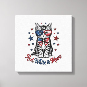 Impressão Em Tela Gato Patriótico Vermelho Branco e Meow Design Vint