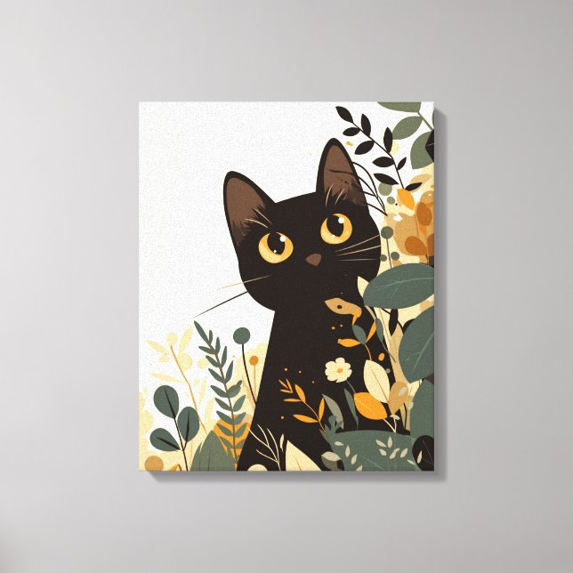 Impressão Em Tela Gato preto bonito com flores (Frente)