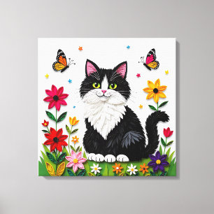 Impressão Em Tela Gato Preto e Branco Fofo, Flores e Borboletas