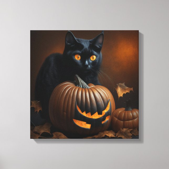 Impressão Em Tela Gato Preto e Jack-O-Lantern (Frente)