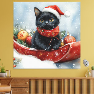 Impressão Em Tela Gato Preto em Trenó Deixe Nevar Natal
