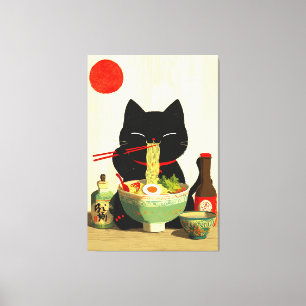 Impressão Em Tela Gato Preto Feliz Comendo Ramen Ukiyo-e Japonês