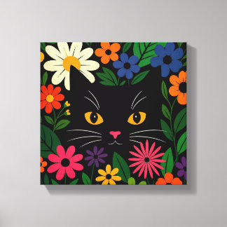 Impressão Em Tela Gato Preto Fofo Floral Colorido Gato Caprichoso