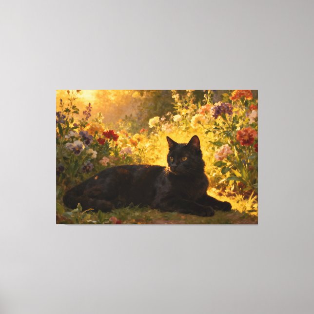 Impressão Em Tela Gato Preto nas Flores I (Frente)