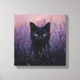 Impressão Em Tela Gato Preto numa Ilustração de Campo de Lavanda