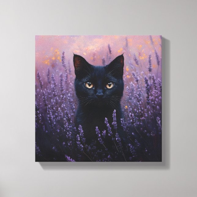 Impressão Em Tela Gato Preto numa Ilustração de Campo de Lavanda (Frente)