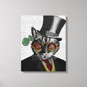 Impressão Em Tela Gato Steampunk - Chapéu Superior e óculos amarel