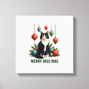 Impressão Em Tela Gato Tuxedo de Natal com Decorações de Feriado Mer