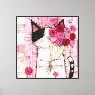 Impressão Em Tela Gato Tuxedo Segurando Buquê de Rosas Rosa