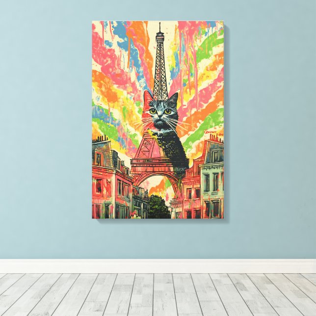 Impressão Em Tela Gato Whimsical em Paris - Arte Torre Eiffel (Insitu(piso de madeira))