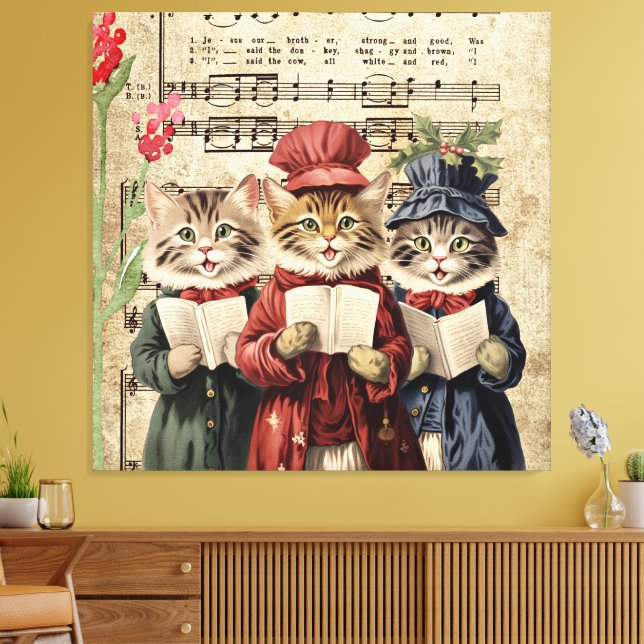Impressão Em Tela Gatos Cantando Músicas de Natal (Insitu(Sala de estar))