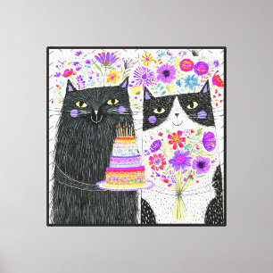 Impressão Em Tela Gatos de Aniversário Caprichosos Buquê Floral