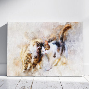 Impressão Em Tela Gatos de Aquarela Se Aninhando em Arte Abstrata Su