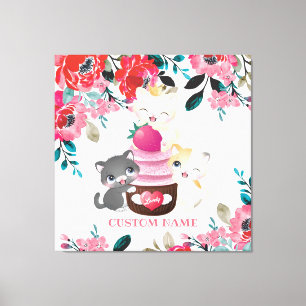 Impressão Em Tela Gatos de Desenho Animado Floral Caprichoso Cupcake