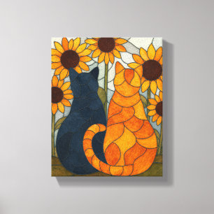 Impressão Em Tela Gatos de Vidro Colorido e Design de Arte de Girass