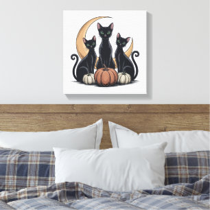 Impressão Em Tela Gatos Pretos Whimsigothia Abóbora Lua Halloween