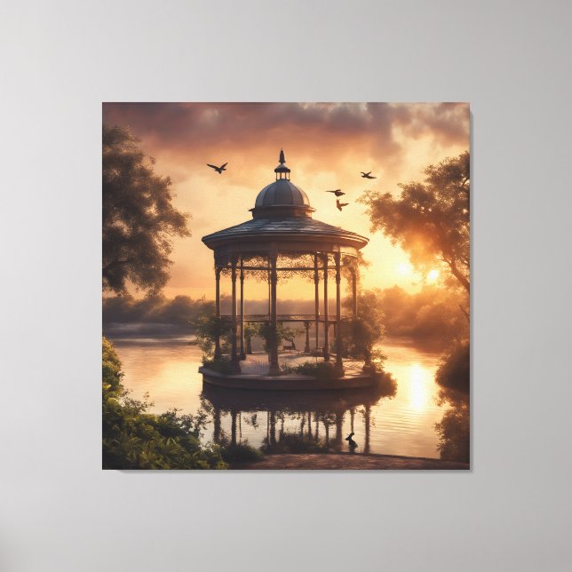 Impressão Em Tela Gazebo do Pôr do Sol no Lago (Frente)