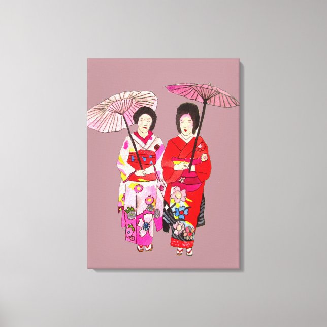 Impressão Em Tela Geisha japonesa senhoras rosa kimono arte original (Frente)