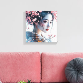 Impressão Em Tela Geisha portrait, cherry blossoms, Japanese art,