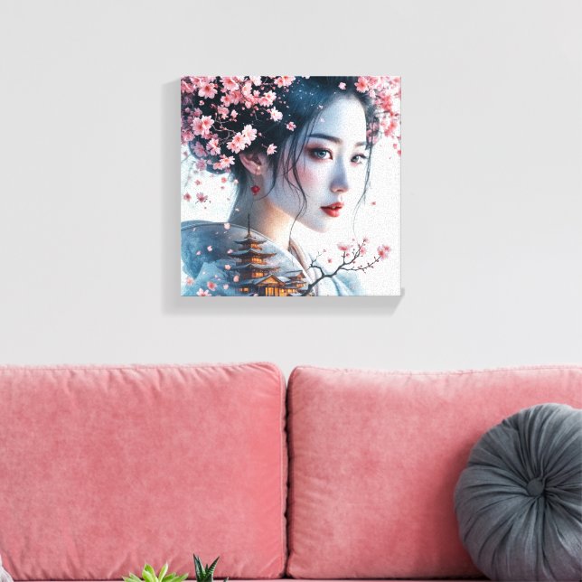 Impressão Em Tela  Geisha portrait, cherry blossoms, Japanese art, (Insitu(Sala de estar))