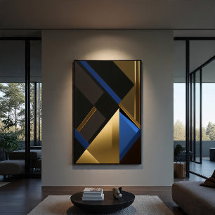 Impressão Em Tela Geometria Azul e Dourada