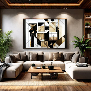Impressão Em Tela Geometria Cubista Abstrata Moderna Dourada