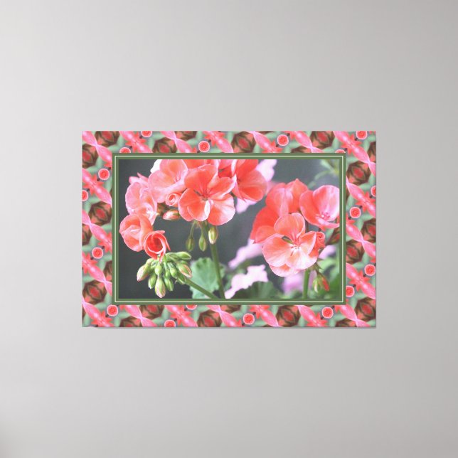 Impressão Em Tela Gerânios Rosa Coral com Verde Escuro (Frente)