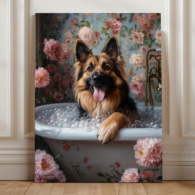 Impressão Em Tela German Shepherd Bubble Bath Bliss (German Shepherd Bubble Bath Bliss – Whimsical Floral Bathroom Dog Art by Nicole Cossairt)