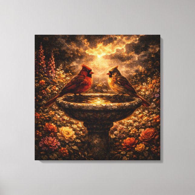 Impressão Em Tela Gilded Shadows: Cardinal Pair & Stone Fountain (Frente)