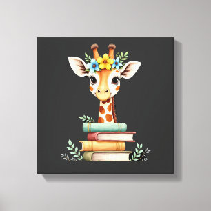 Impressão Em Tela Girafa Fofa Com Livro Floral Bibliófilo Bibliotecá