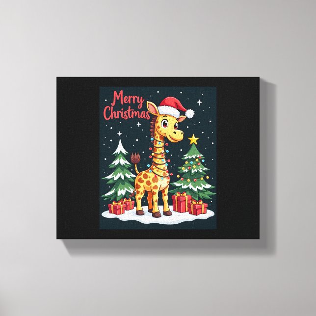 Impressão Em Tela Giraffe Feliz Natal Árvore Iluminação Papai Noel G (Frente)