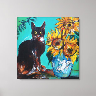 IMPRESSÃO EM TELA GIRASSÓIS COM GATO PRETO EM TURQUESA AZUL