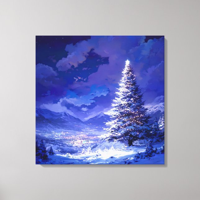 Impressão Em Tela Glowing Christmas Tree Snowy Mountain Landscape (Frente)
