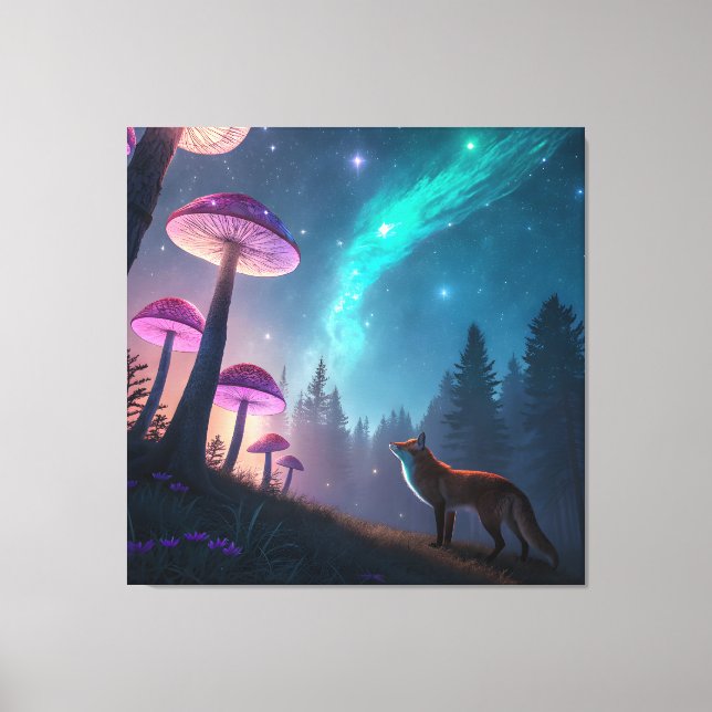 Impressão Em Tela Glowing Mushroom Forest Fox Fantasy Art (Frente)