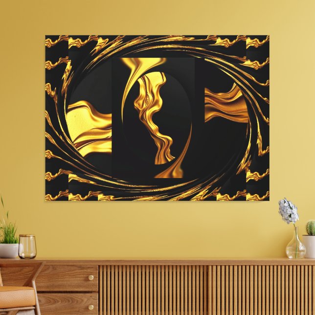 Impressão Em Tela Gold Black Monochrome - Opulent Swirl Liquid Gold  (Insitu(Sala de estar))