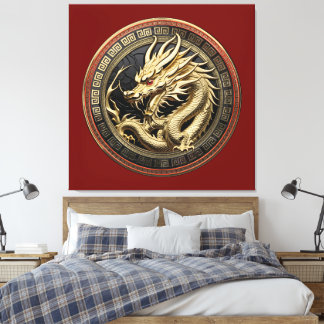 Impressão Em Tela Gold Sacred Eastern Dragon Medallion