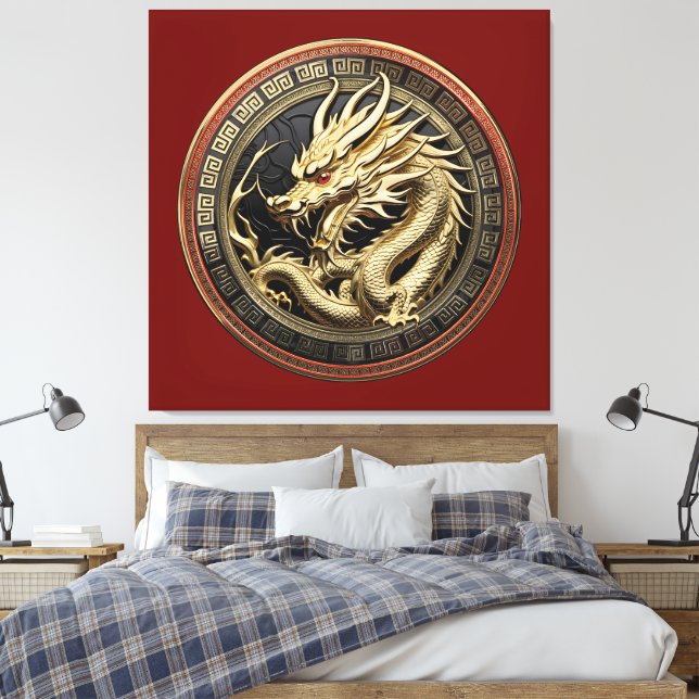 Impressão Em Tela Gold Sacred Eastern Dragon Medallion (Insitu(Quarto))
