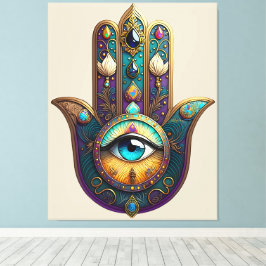 Impressão Em Tela Gold Violet Teal Hamsa w/ Turquoise Third Eye