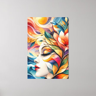 Impressão Em Tela Golden Bird and Flower Woman Art