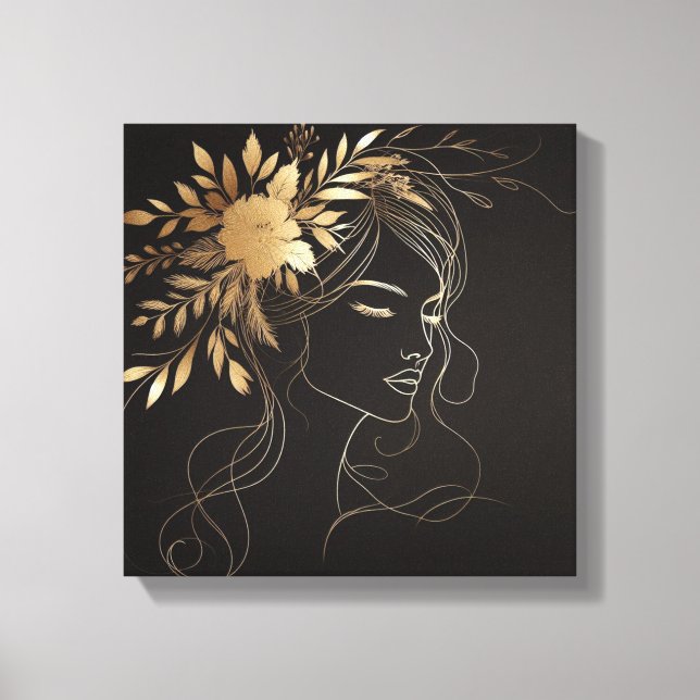 Impressão Em Tela Golden Feminine Line Art Face with Floral Crown (Frente)