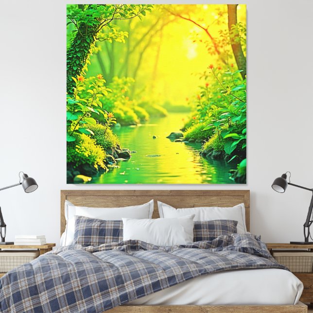 Impressão Em Tela Golden Forest Stream Peaceful Art (Insitu(Quarto))