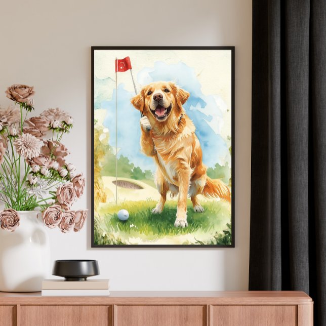 Impressão Em Tela Golden Retriever Golf Watercolor Poster  (Criador carregado)